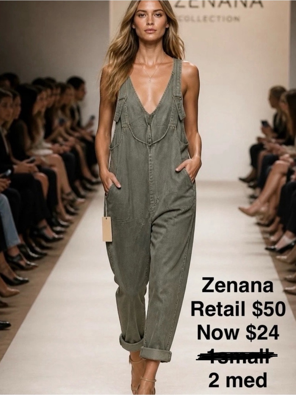 Zenana Gray Denim Overall Jumpsuit One-Piece Sleeveless Solid Casual, Medium